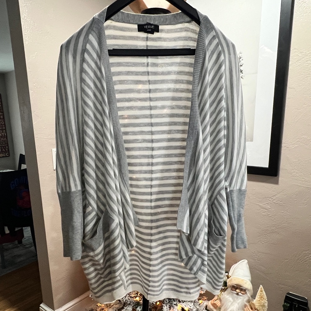 Verve Ami Gray White Striped Open Front Cardigan Pockets Soft Lightweight S